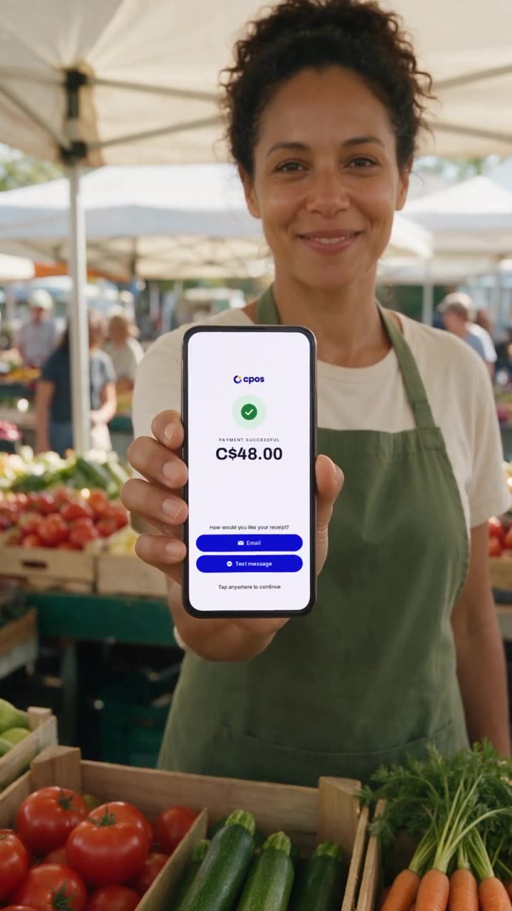 A market vendor holds up an approved payment